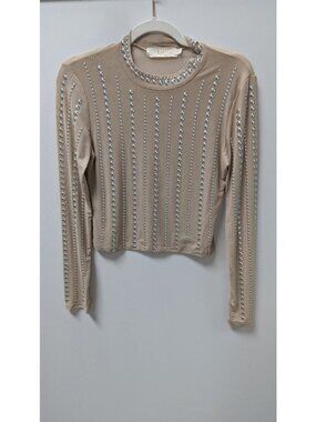 Lizette Collection Taupe/Silver Stud Embellished Mesh Blouse